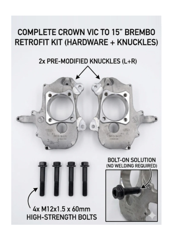 Complete Crown Vic to 15" Brembo retrofit kit with hardware and knuckles on a white background.