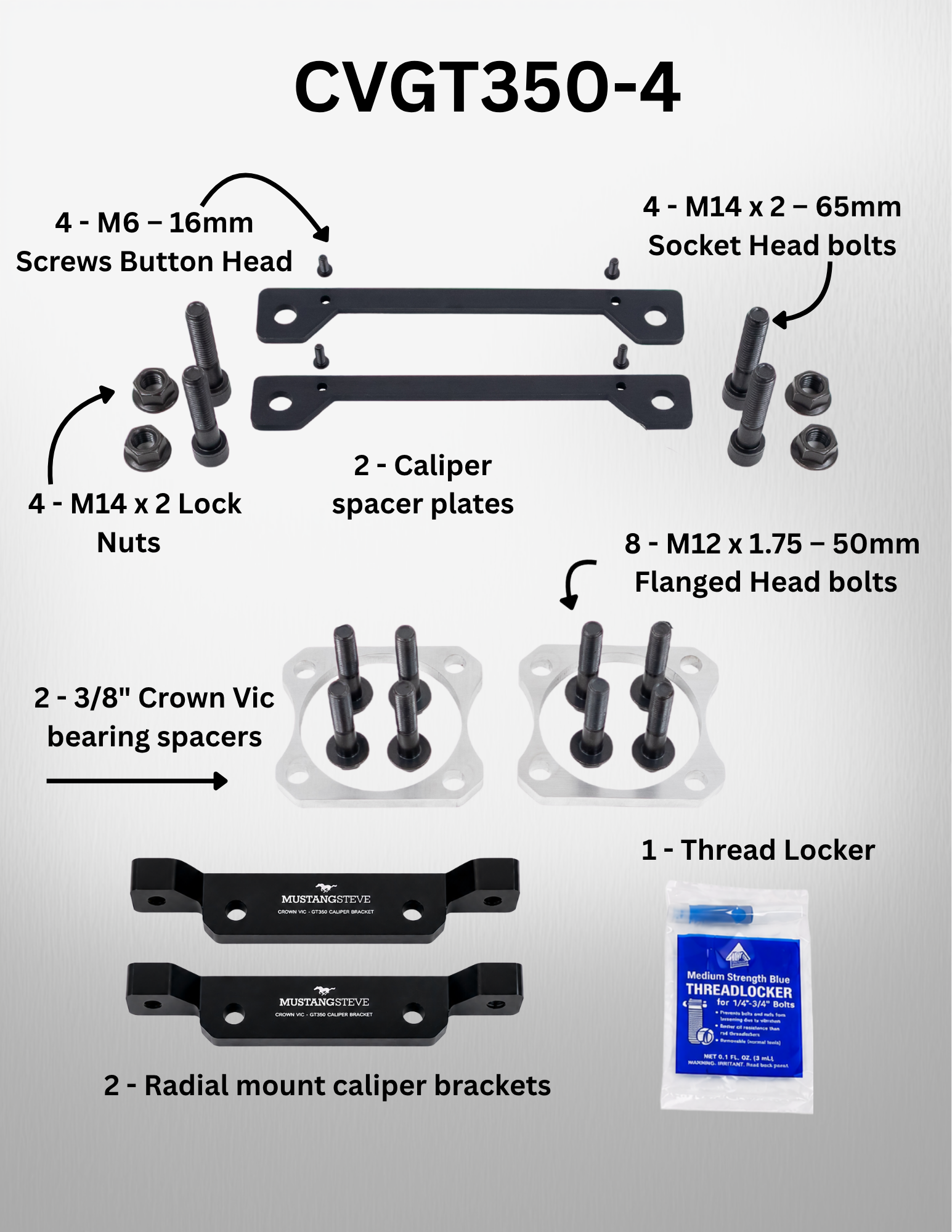 Technical diagram of CVGT350-4 components including screws, bolts, and spacers on a gray background.