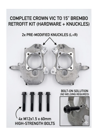 Complete Crown Vic to 15" Brembo retrofit kit with hardware and knuckles on a white background.
