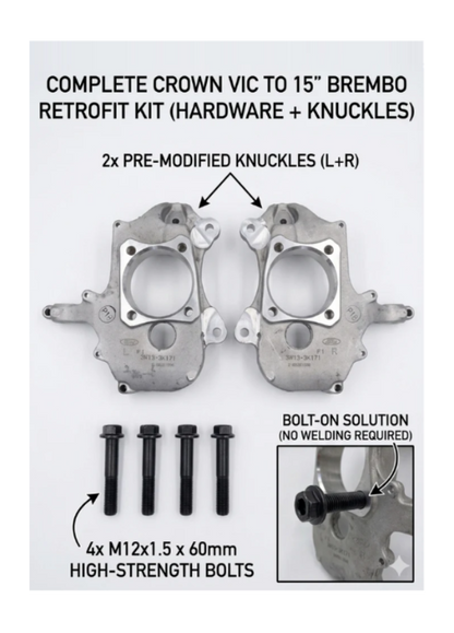 Complete Crown Vic to 15" Brembo retrofit kit with hardware and knuckles on a white background.