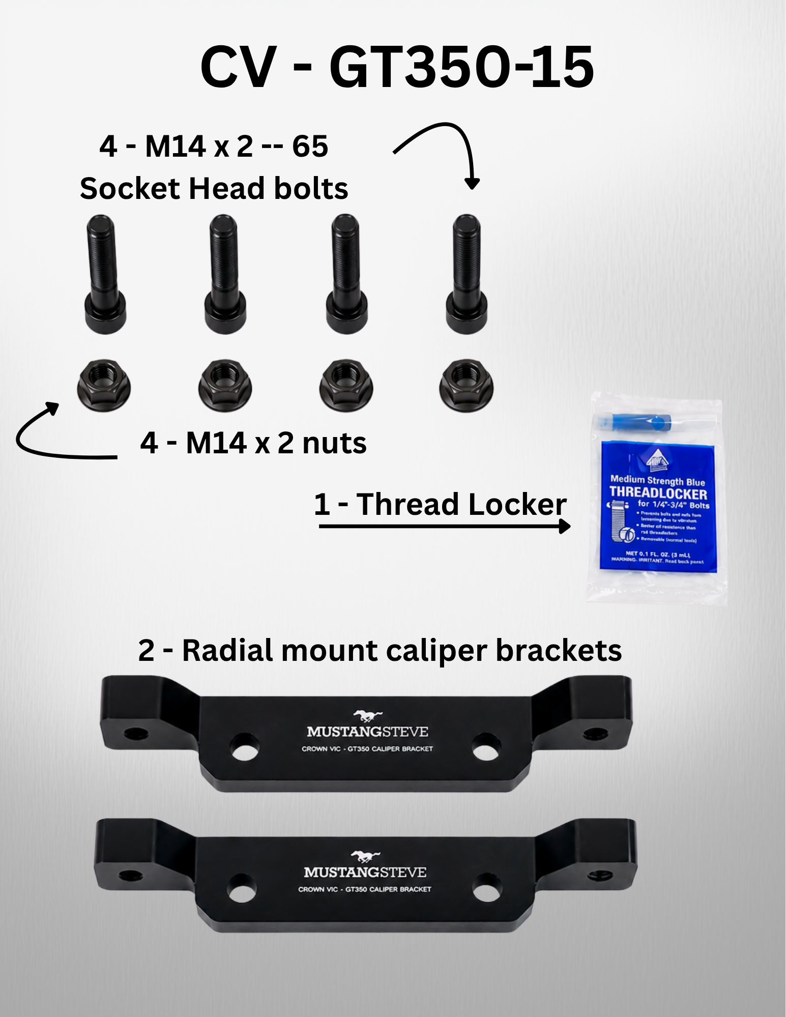 Technical diagram of automotive parts including bolts, nuts, and caliper brackets with specifications on a gray background.