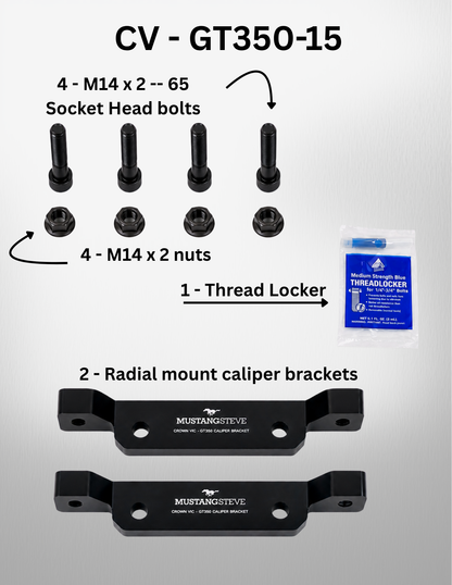 Technical diagram of automotive parts including bolts, nuts, and caliper brackets with specifications on a gray background.