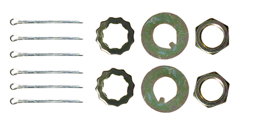 Wheel attachment hardware (sets of spindle nuts, washers, retainers, cotter pins)