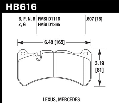 Hawk HB616 brake pad dimensions